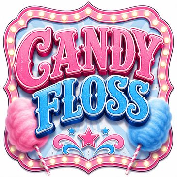 Bright candy floss sign with pink and blue cotton candy.