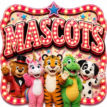 Colorful mascot characters under a lit-up MAScOTS sign.