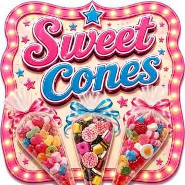 Colorful sweet cones filled with assorted candies.