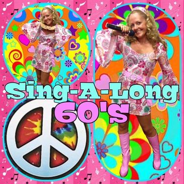 Woman in 60s outfit with microphone and peace sign.