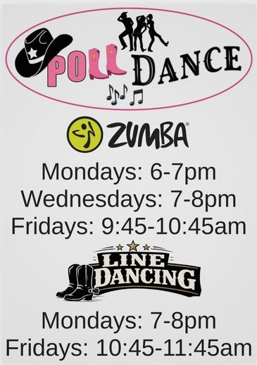 Schedule for Pole Dance, Zumba, and Line Dancing classes.