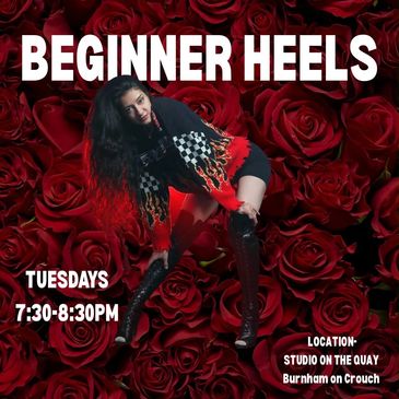 Dance class poster for beginner heels with a model against a red rose background.