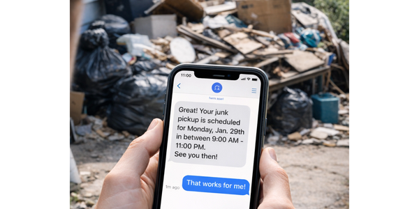 Person confirms junk pickup schedule via text message on phone.