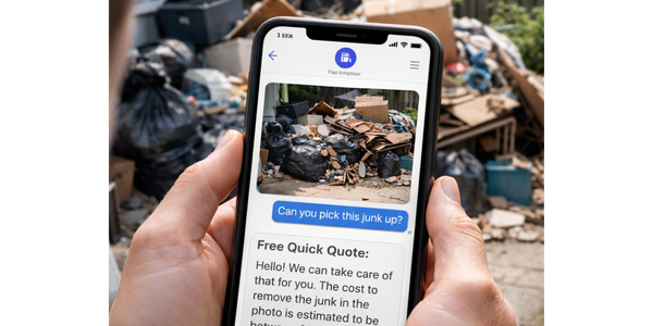 Person requesting junk removal quote via smartphone text message.
