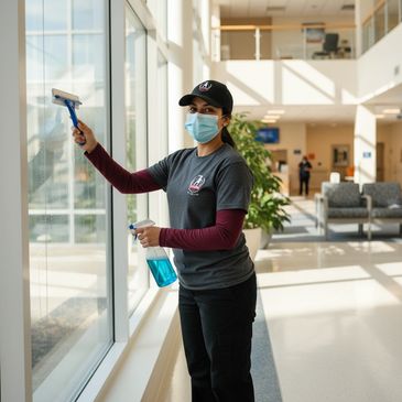 Masked woman cleaning a window with a squeegee and spray bottle indoors.