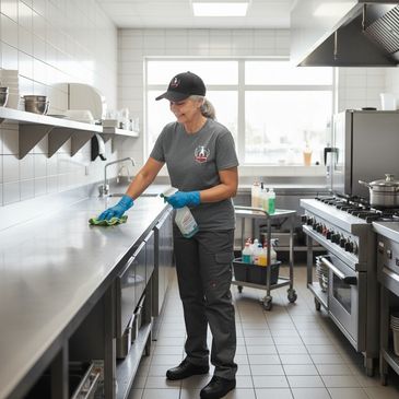 Woman cleaning a commercial kitchen counter with spray and cloth.