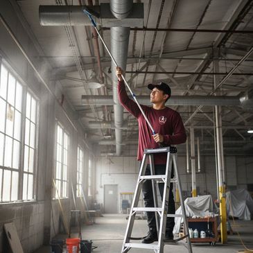 TITAN employee cleaning industrial ceiling ducts.