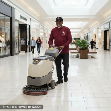Man cleaning mall floor with a floor scrubbing machine.