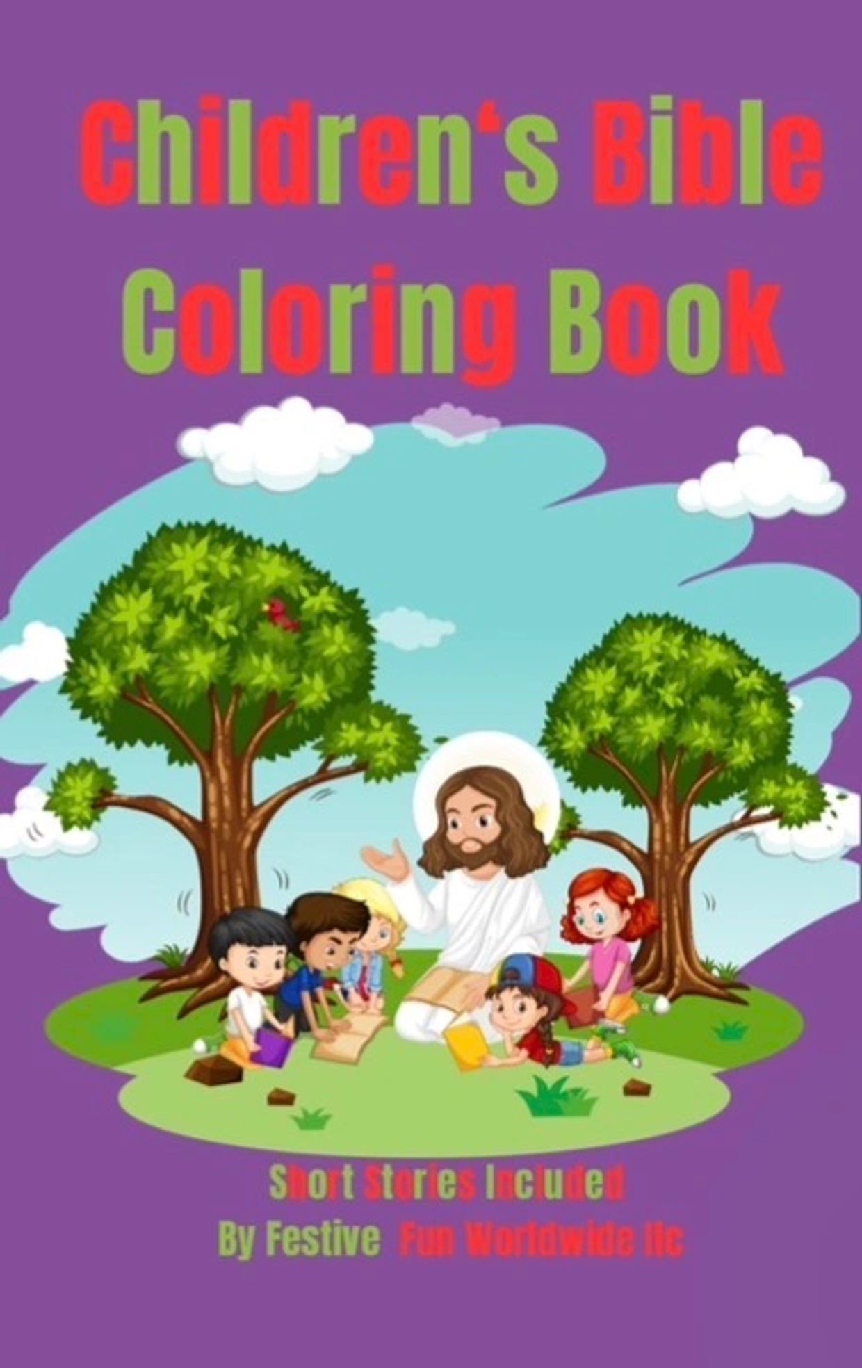 Children gathered around Jesus in a colorful Bible coloring book cover.