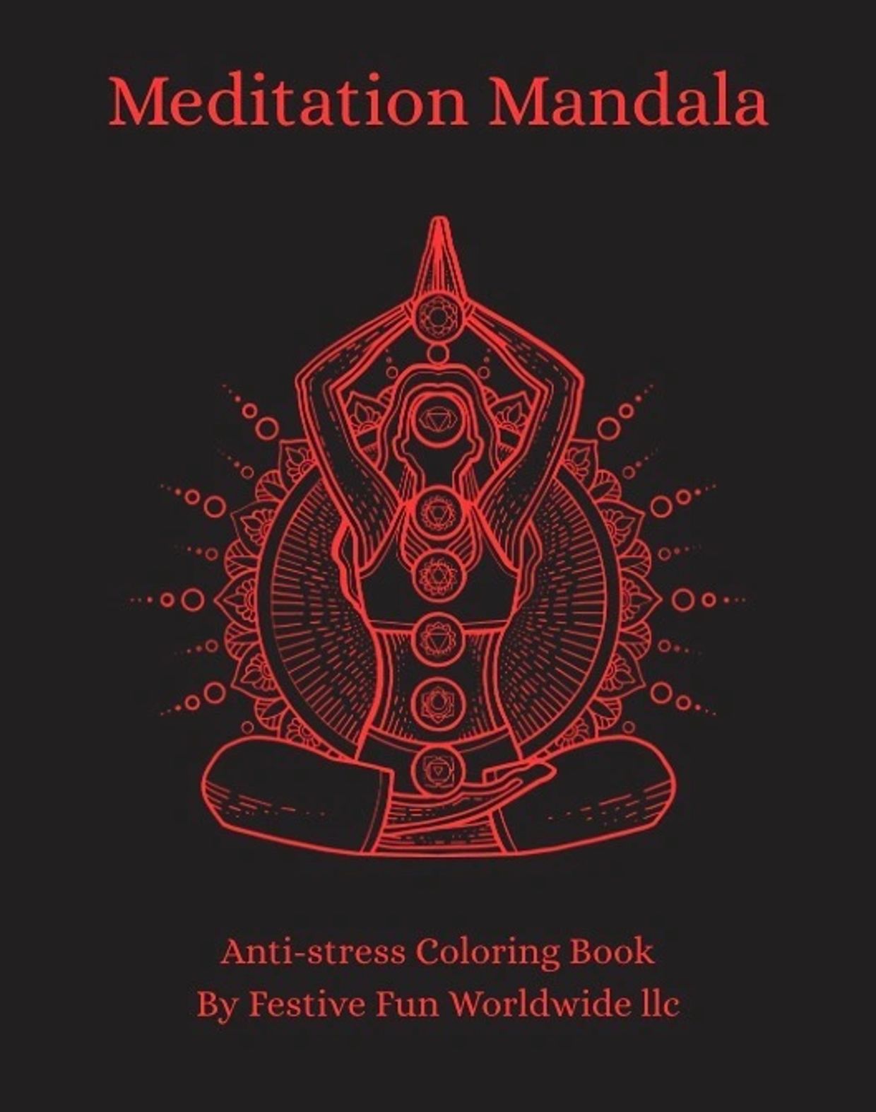Red meditation mandala with chakras for anti-stress coloring book.