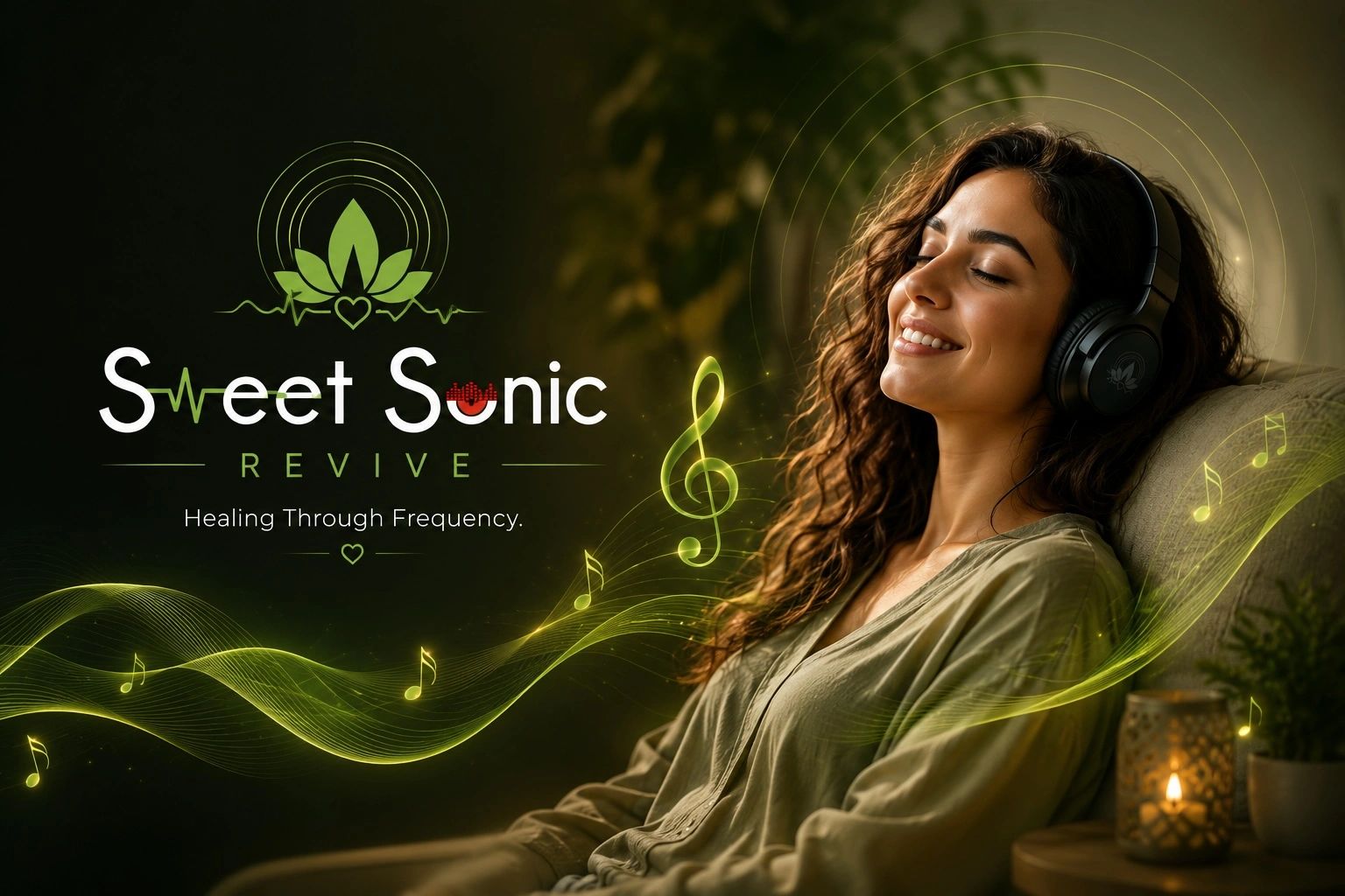 A woman enjoying healing music with headphones, surrounded by glowing musical notes.