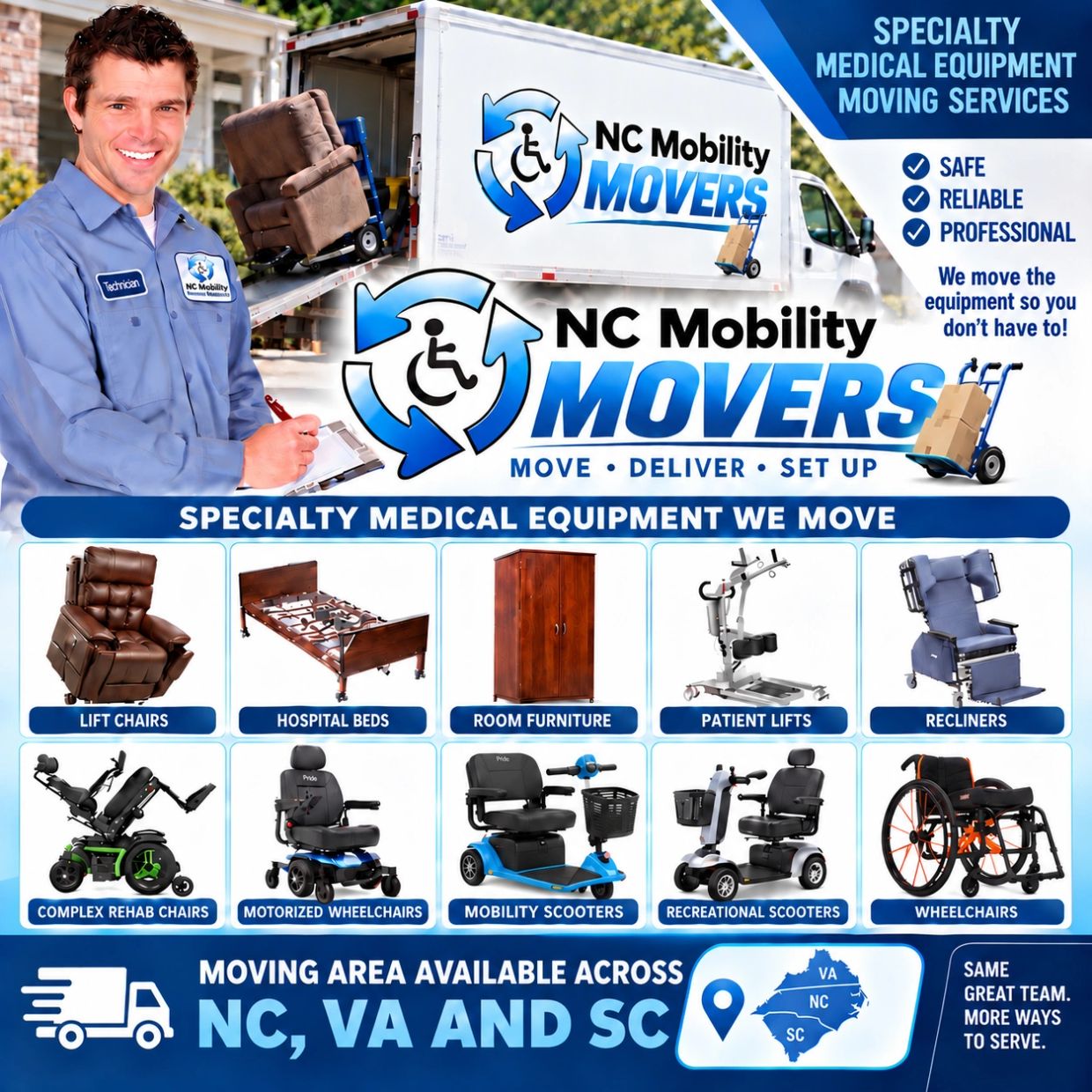 NC Mobility Movers specializes in moving specialty medical equipment safely across NC, VA, and SC.