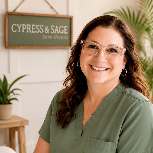 Smiling woman in green scrubs at Cypress &amp; Sage Skin Studio.