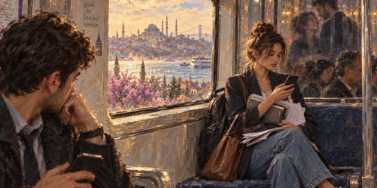 İstanbul manzaralı metroda kitap ve telefonla meşgul insanlar.