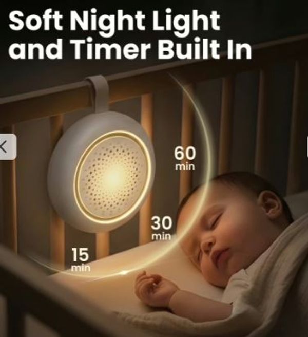 Soft night light with built-in timer helps baby sleep peacefully.