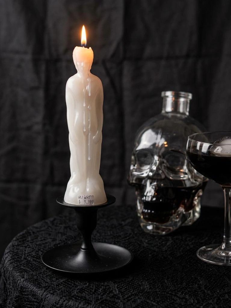 A burning human-shaped candle on a black holder beside a skull-shaped bottle and a drink.