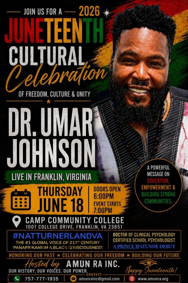 Juneteenth 2026 cultural celebration featuring Dr. Umar Johnson in Franklin, Virginia on June 18.