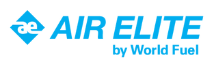 Logo of Air Elite by World Fuel with blue typography and geometric design.