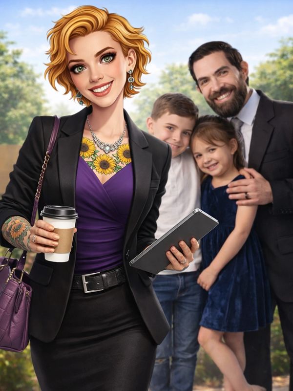 Confident woman with tattoos and sunflower necklace, holding coffee and tablet, with smiling family behind her.
