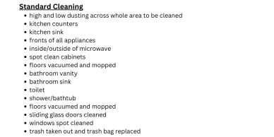 List of standard cleaning tasks for a home.