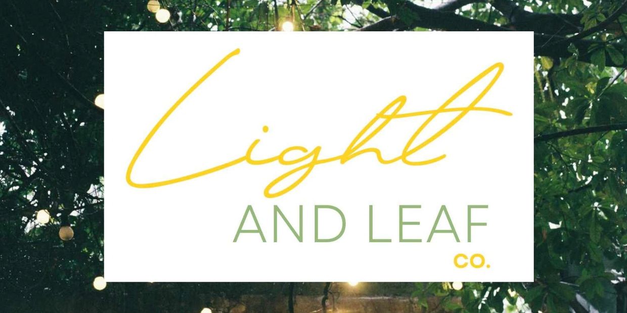 Light and Leaf Co. logo with festoon lights in trees as background.