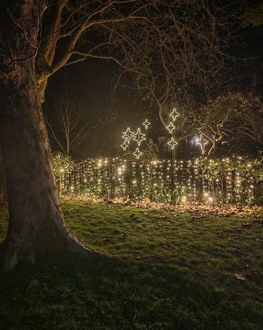 Fairy lights on fence and Matariki star cluster display fro residential lighting installation.