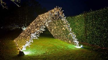 Grand entrance light arch featuring metallic leaf decor and uprights to illuminate the leaves.