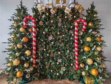 Greenery wall with lights, gold, & oversized candy canes, framed by decorated trees & mini presents.