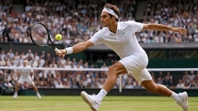 Tennis player stretches for a shot in a match.