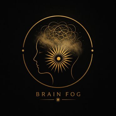 Golden silhouette of a head with swirling brain fog inside a circular frame.