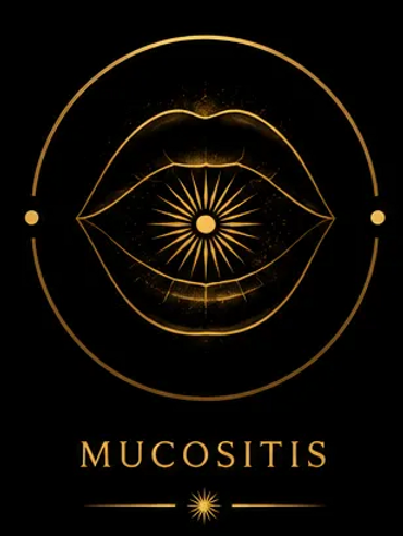 Golden lips with an eye and sunburst, labeled 'Mucositis'.