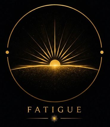Golden sunrise illustration with the word 'FATIGUE' beneath it.