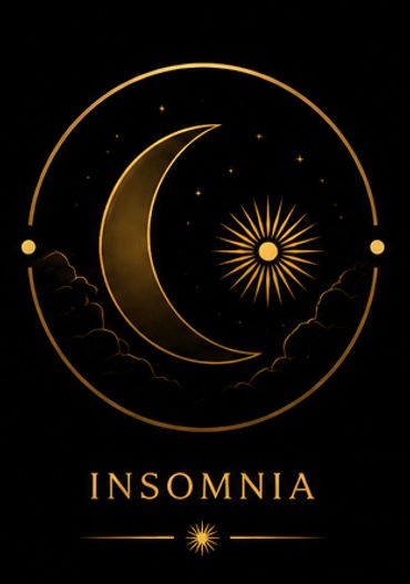 Golden moon and star design with the word 'INSOMNIA' beneath.