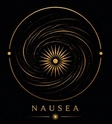 Golden spiral design with a central starburst and the word 'NAUSEA' beneath.