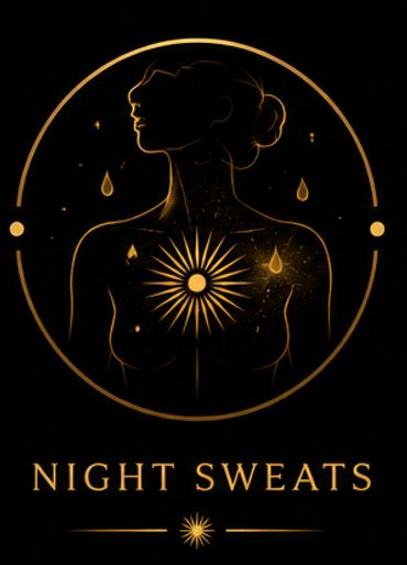 Elegant silhouette of a woman with golden night sweat drops and radiant heart design.
