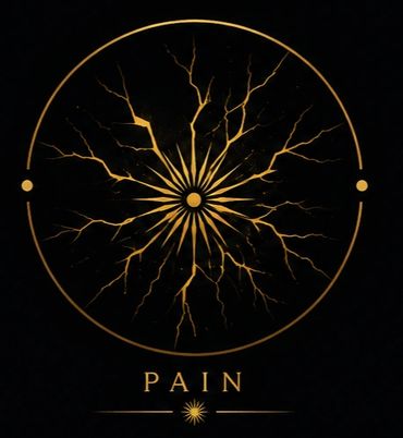 Golden abstract design with cracks inside a circle and the word 'PAIN' below.