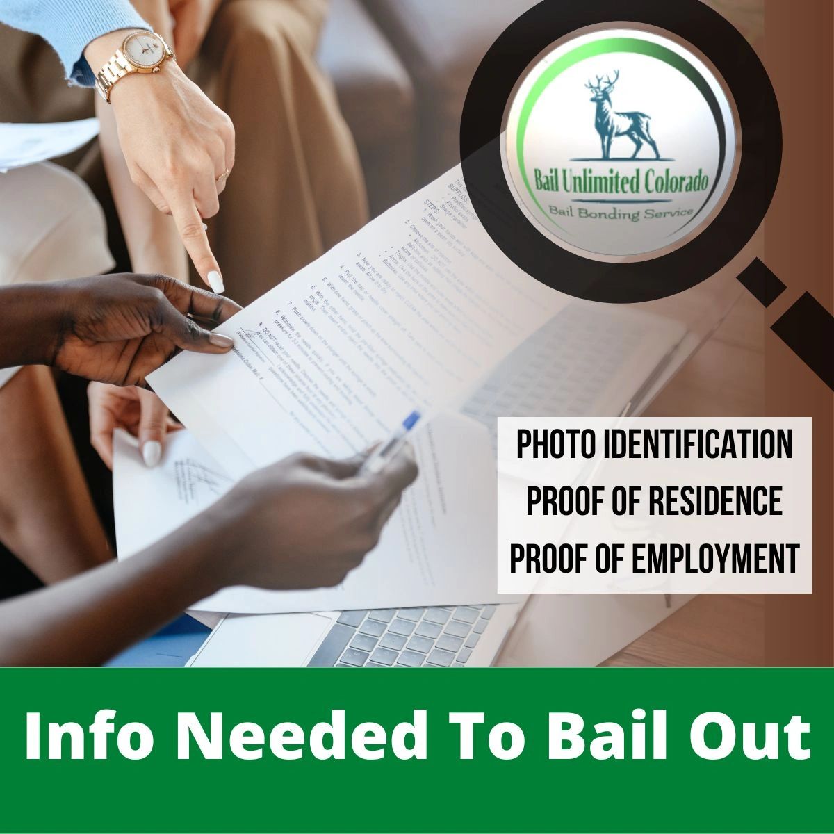Info Needed To Bail Out - Photo ID Proof of Employment & Residence LOGO Bail Unlimited Colorado