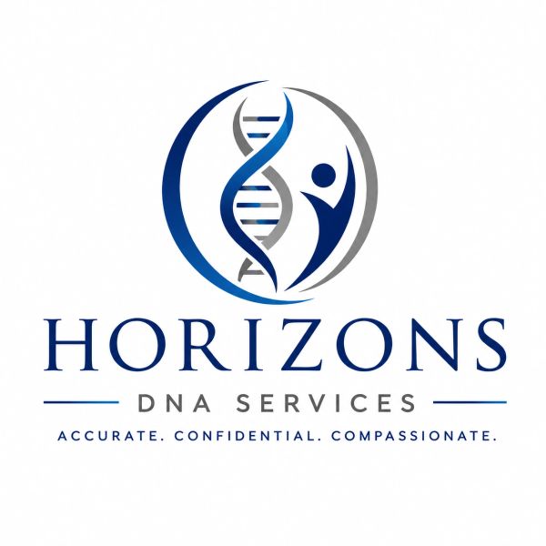 Logo for Horizons DNA Services with a DNA strand and human figure.