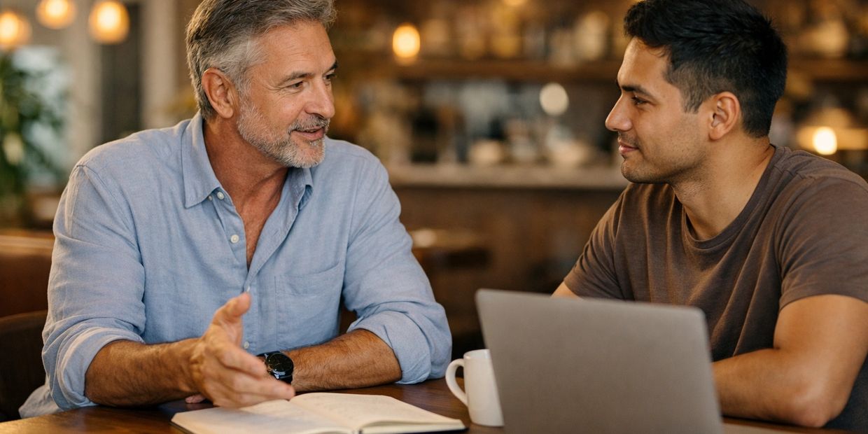 Two men engaged in a friendly conversation at a cafe table.