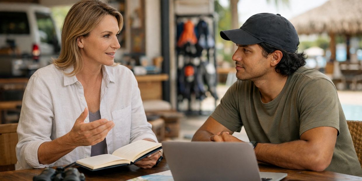 Two people having a focused conversation at a table with a book and laptop.