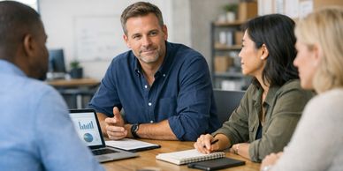 Business team discussing data insights in a meeting.