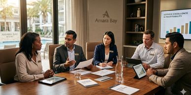 Five professionals engaged in a business meeting around a conference table.