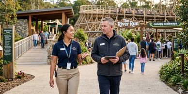Two staff members discuss plans at an outdoor attraction entrance.