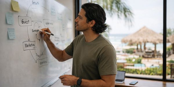 Man writing on a whiteboard with business flowcharts.