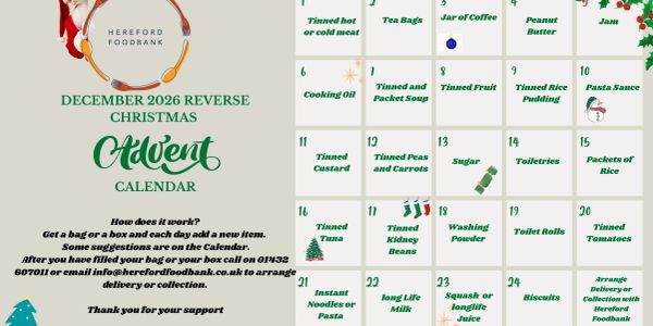 December 2026 Reverse Christmas Advent Calendar for Hereford Foodbank.