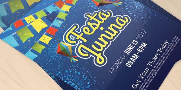 Colorful Festa Junina event flyers with festive decorations and fireworks.