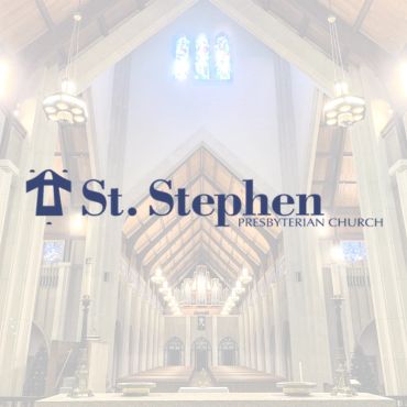 St. Stephen Presbyterian Church logo over church interior.