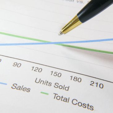 Pen pointing at a sales and costs graph.