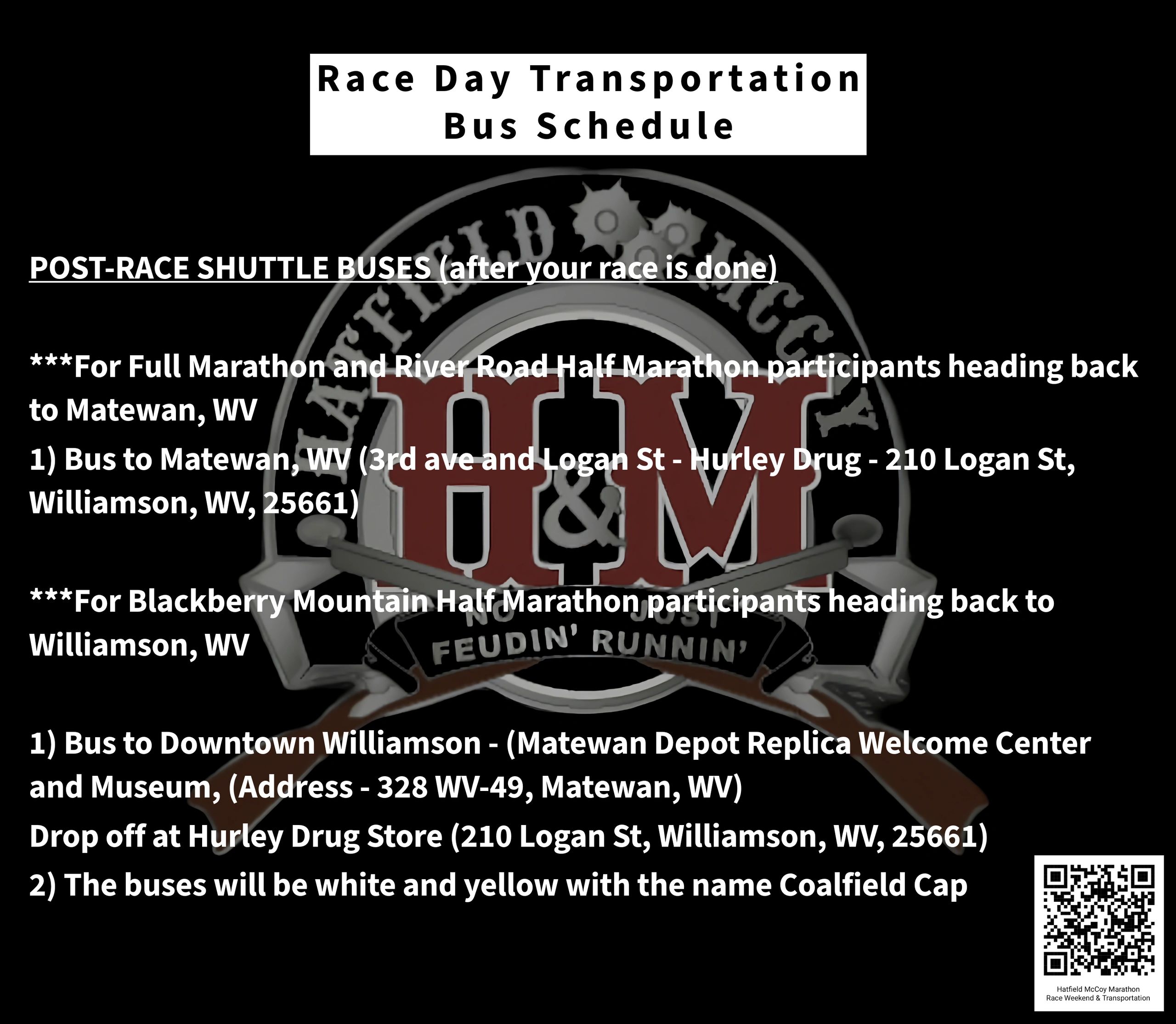 Race day bus schedule for post-race shuttle buses in Williamson and Matewan, WV.