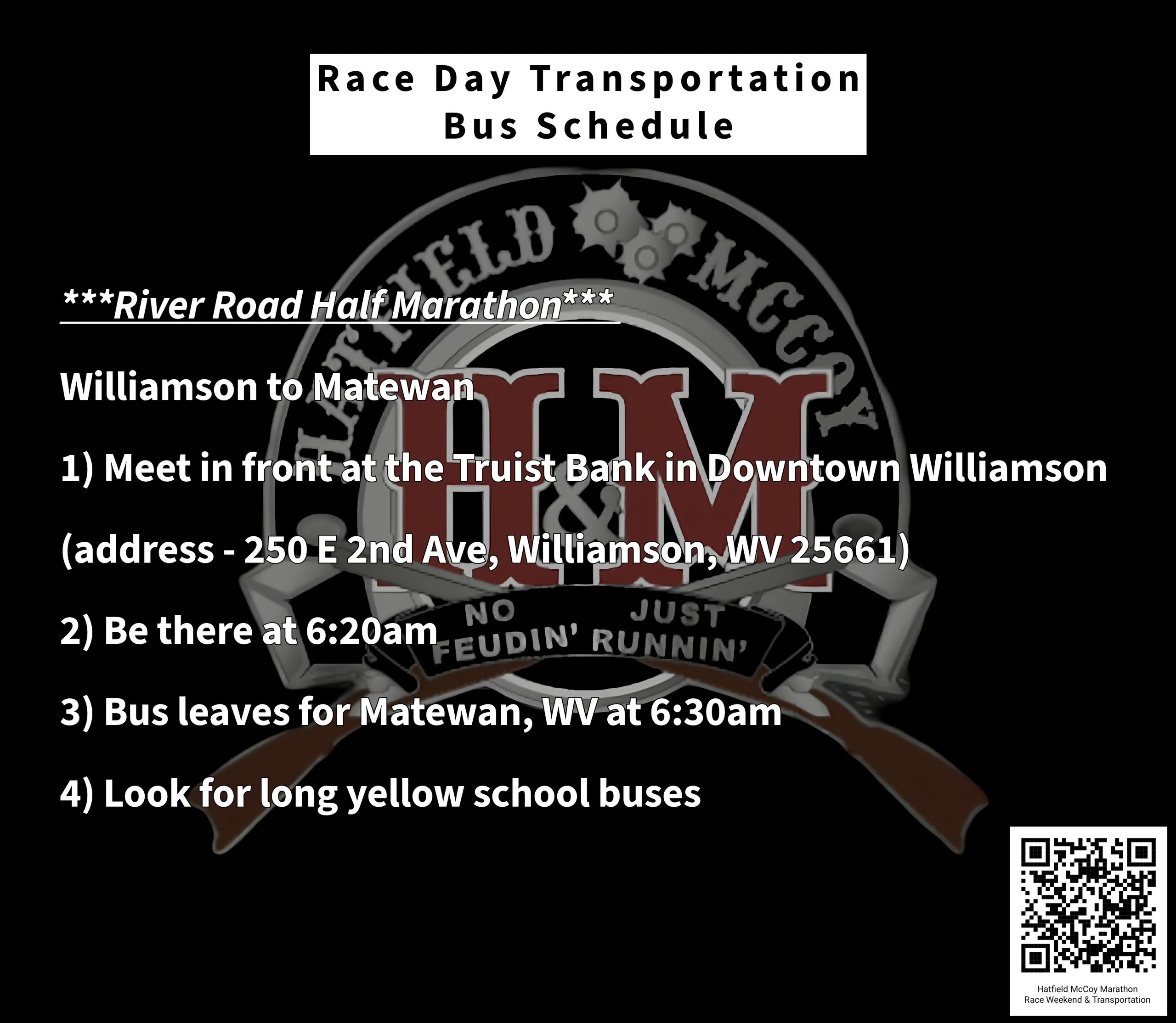Race day bus schedule for River Road Half Marathon from Williamson to Matewan.